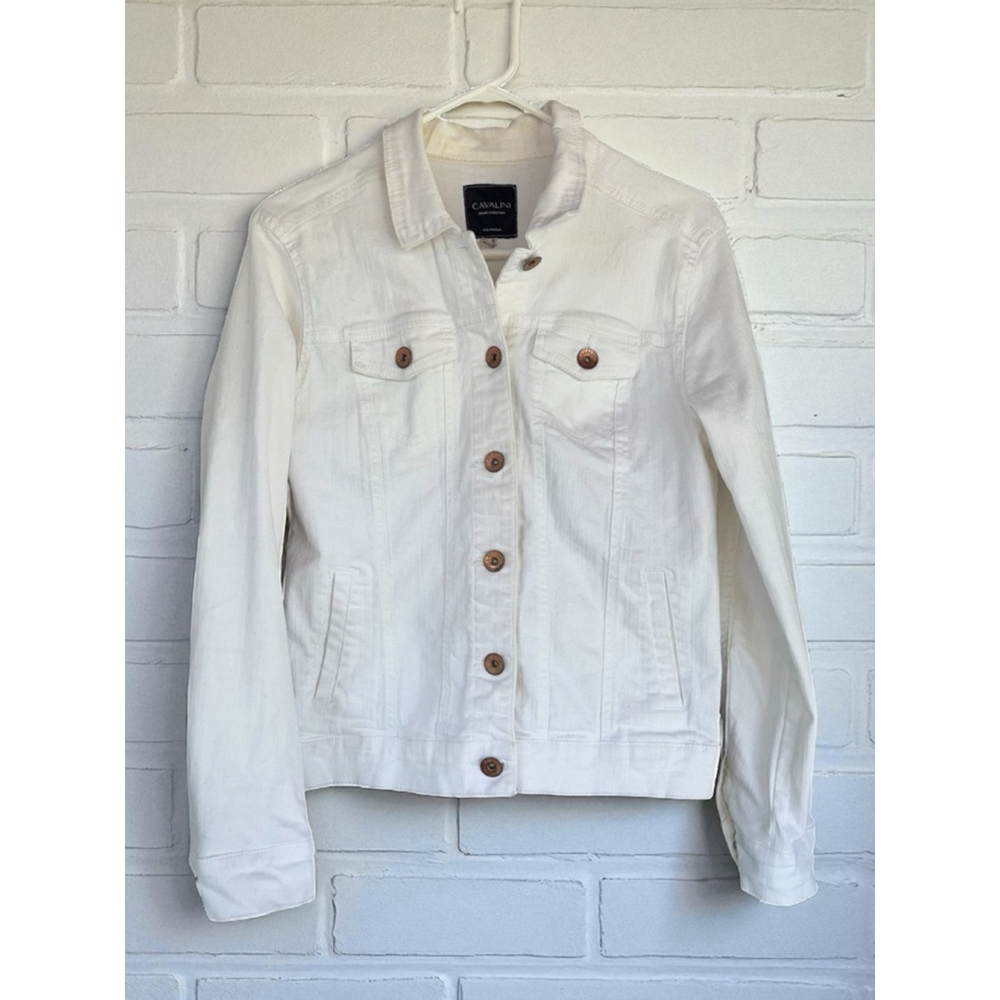 Cavalini Womens Medium White Denim Trucker Jean Jacket Streetwear Light Academia